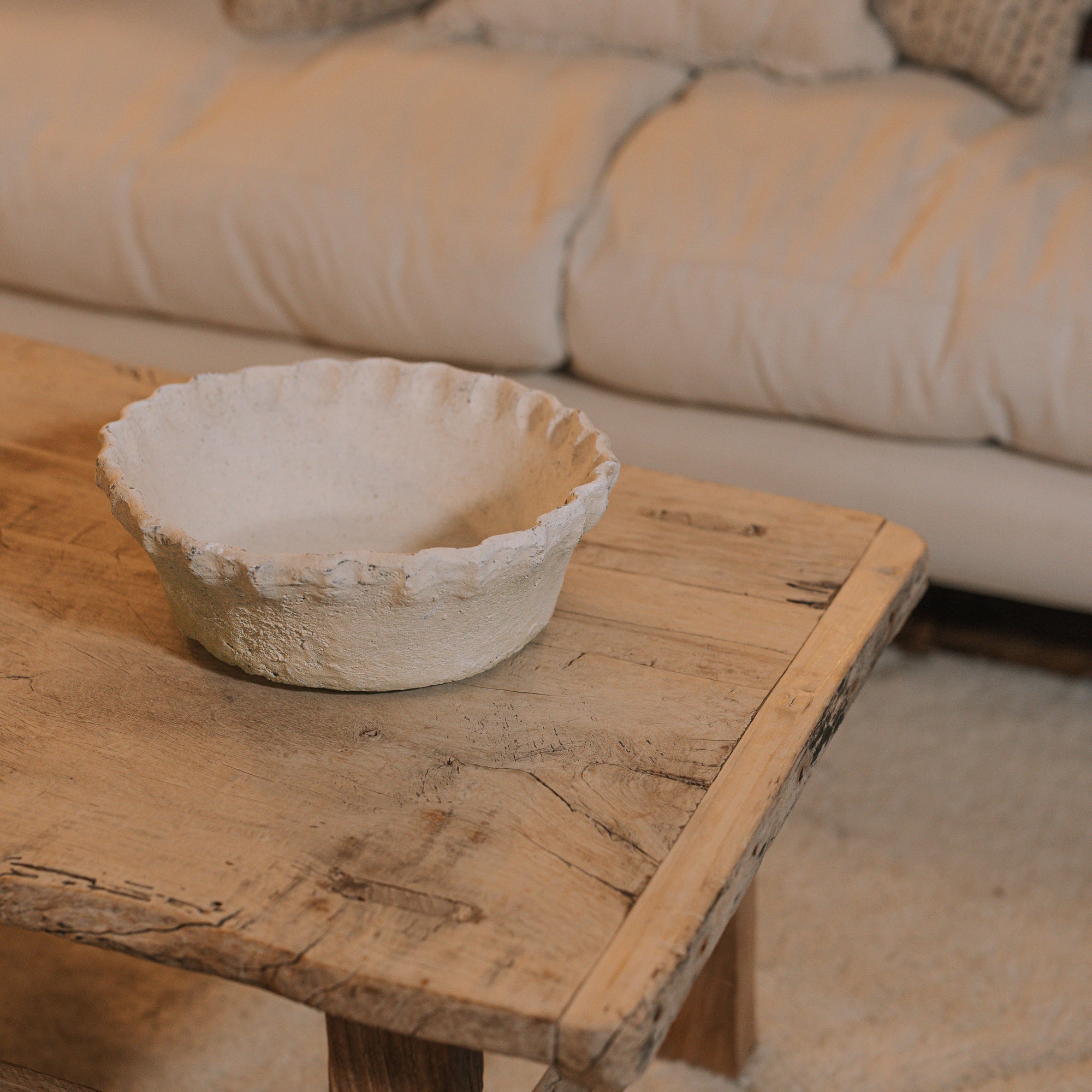 Large Terracotta Planter with a Pie Crust Rim on coffee table.