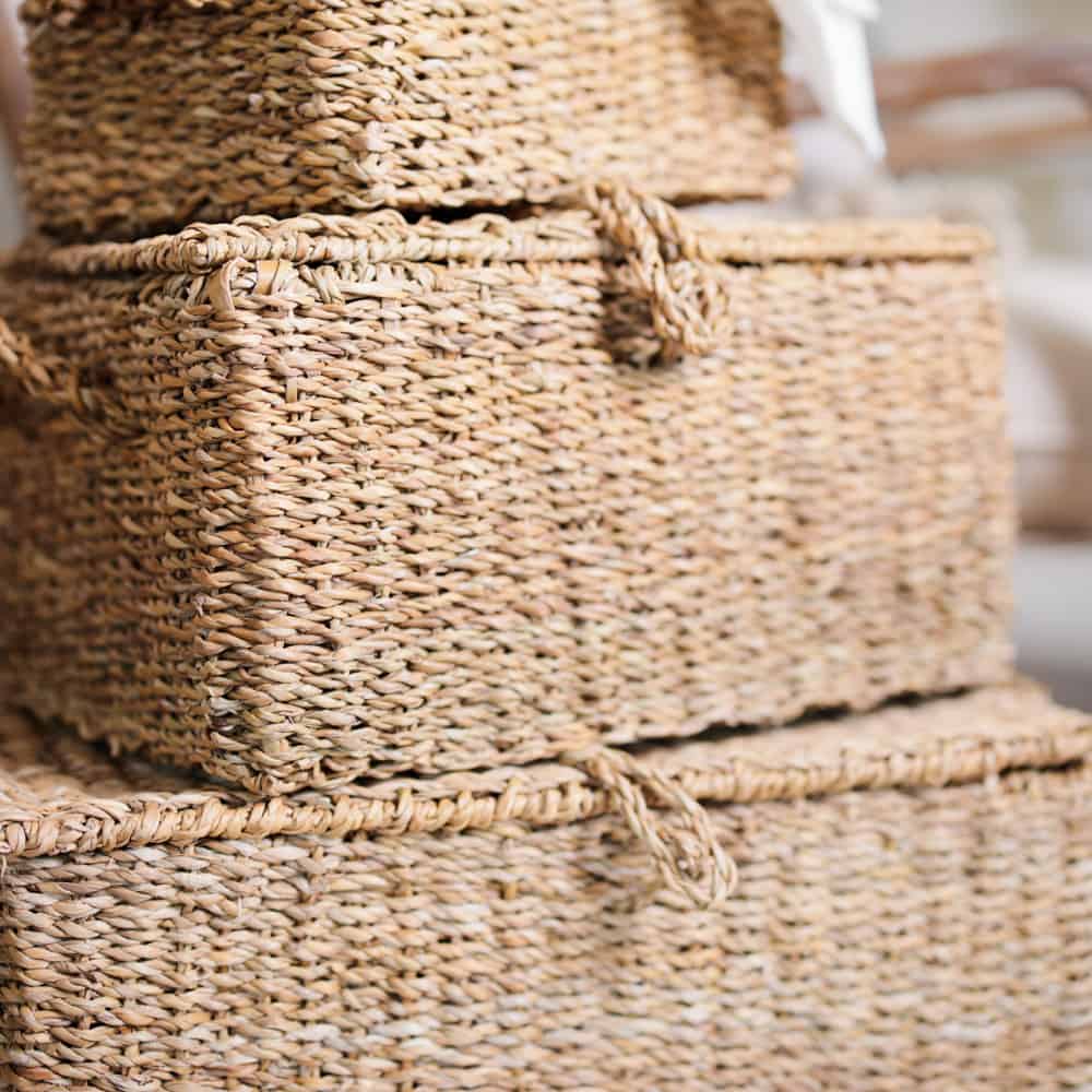 Close up of woven storage basket. 
