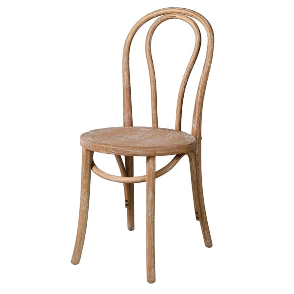 White washed oak dining chair with curved, rounded back.