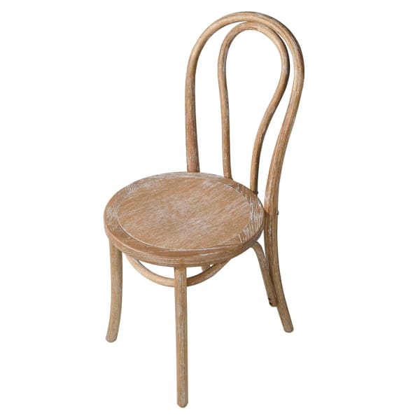 White washed oak dining chair with curved, rounded back.