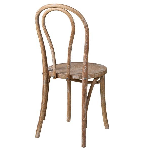 White washed oak dining chair with curved, rounded back from the back.