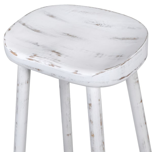 Close up of seat on white washed rustic wooden stool.