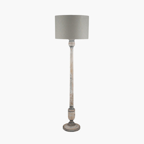 Tall grey wooden floor lamp base with lamp shade.