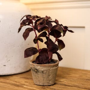 Natural look faux basil plant in a clay pot on wooden console.