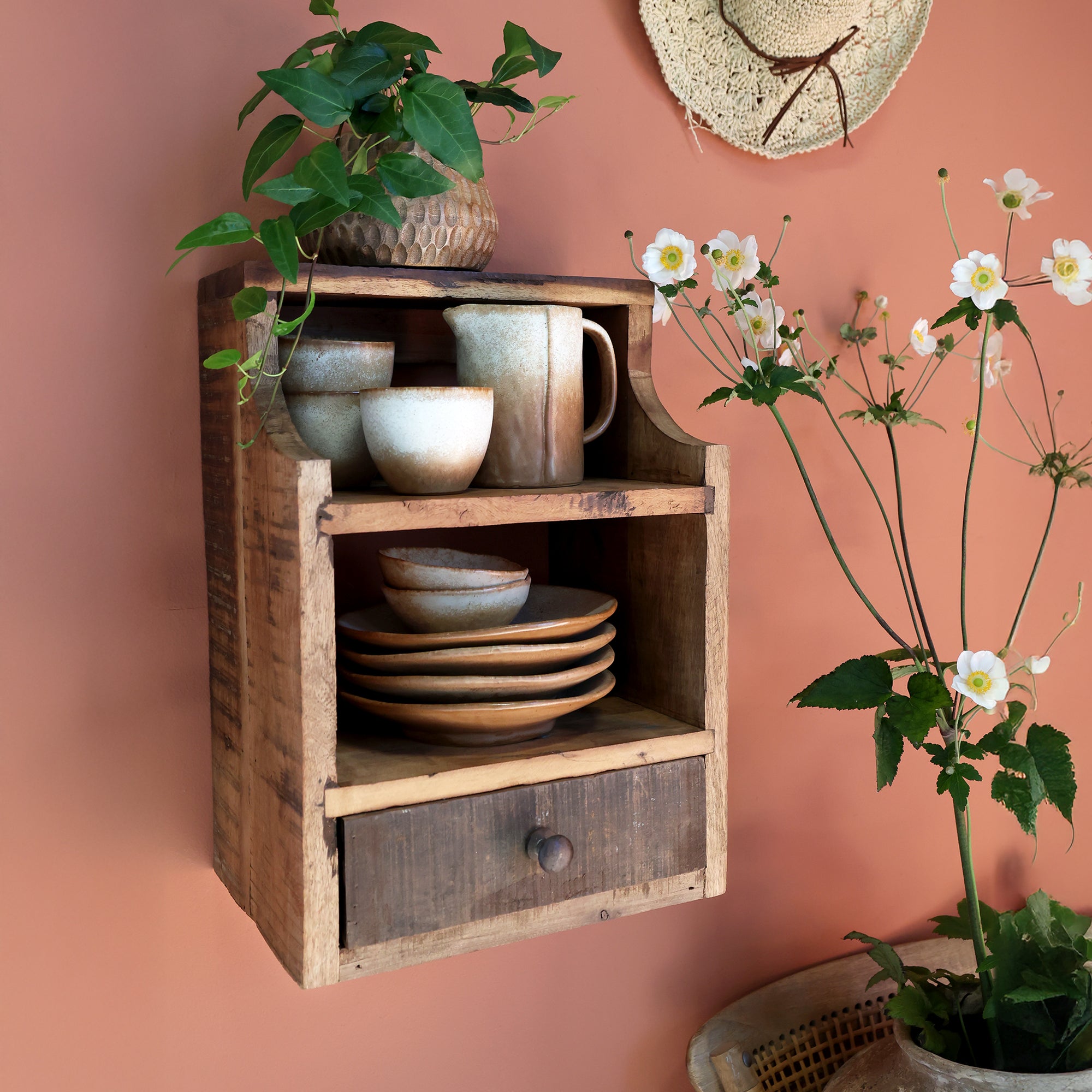 Small wooden shelf with drawer hung on wall with crockery on and plants surrounding.