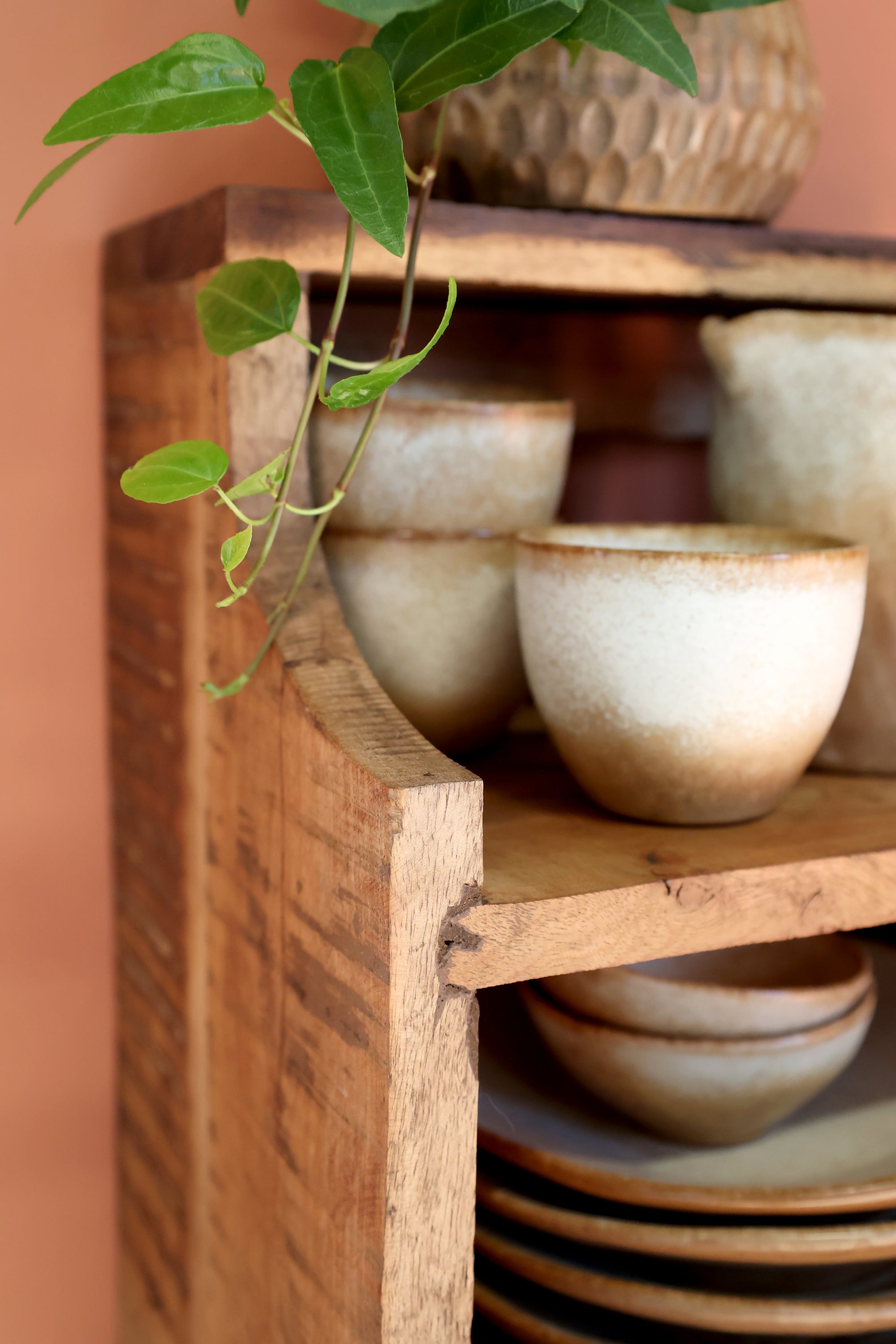 Close up of detailing on small wooden shelf with drawer, filled with crockery.