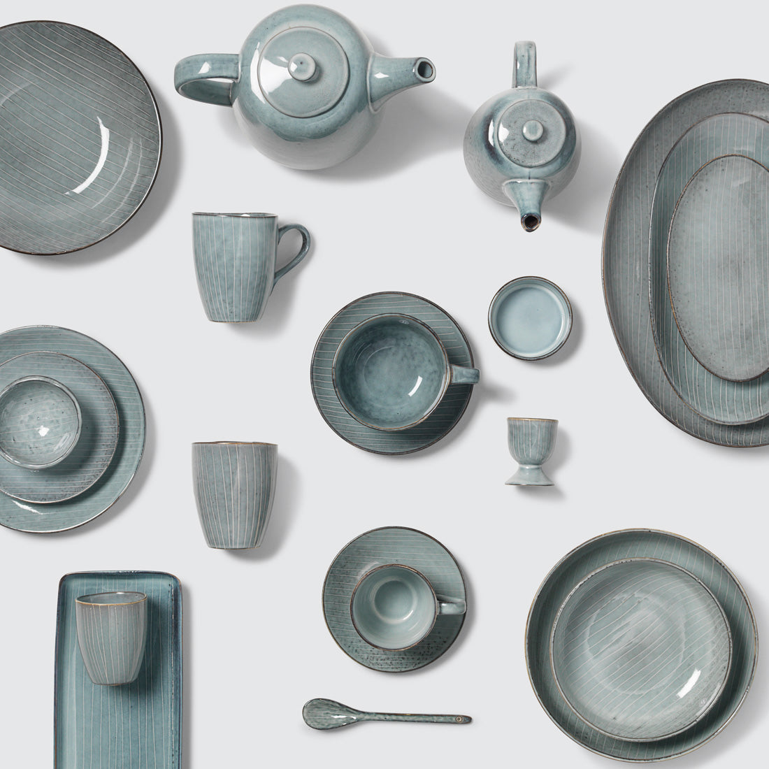 Full blue glazed tableware collection.