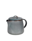 Blue glazed tea pot with stripes and handle lid. 