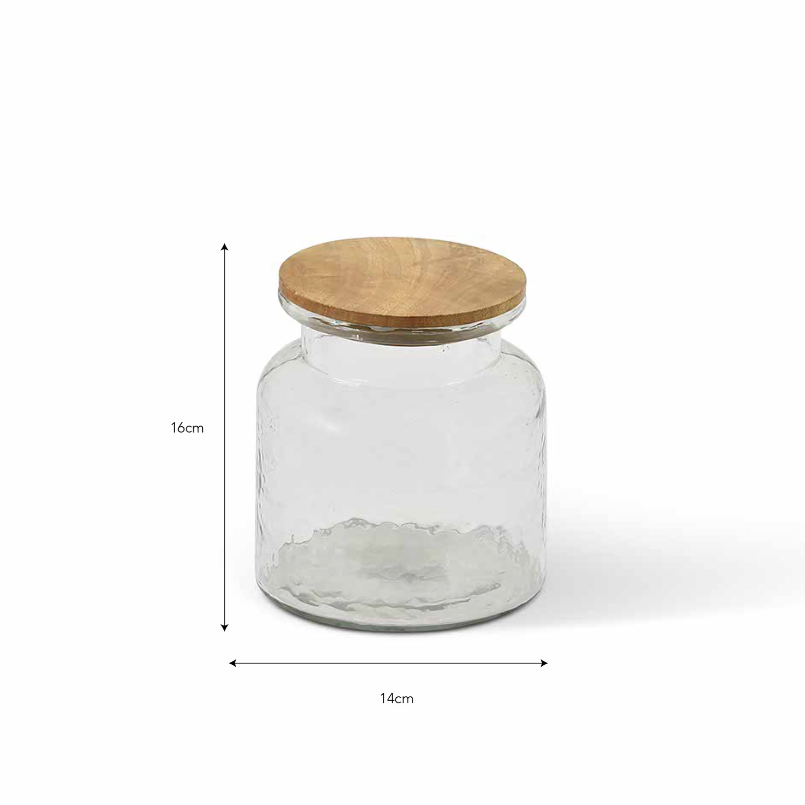 Glass storage jar with wooden lid and dimensions.