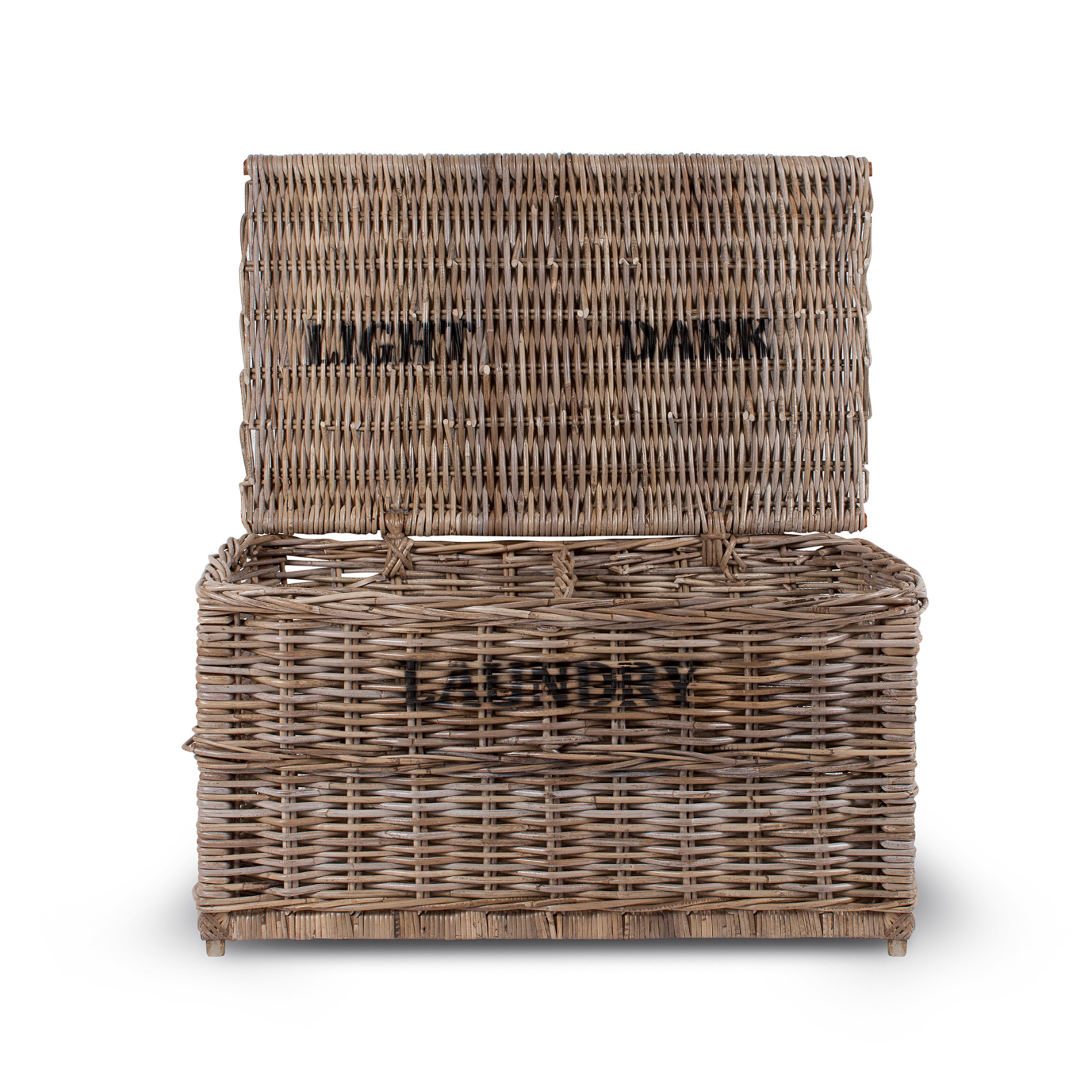 Rattan laundry basket with light and dark labels.