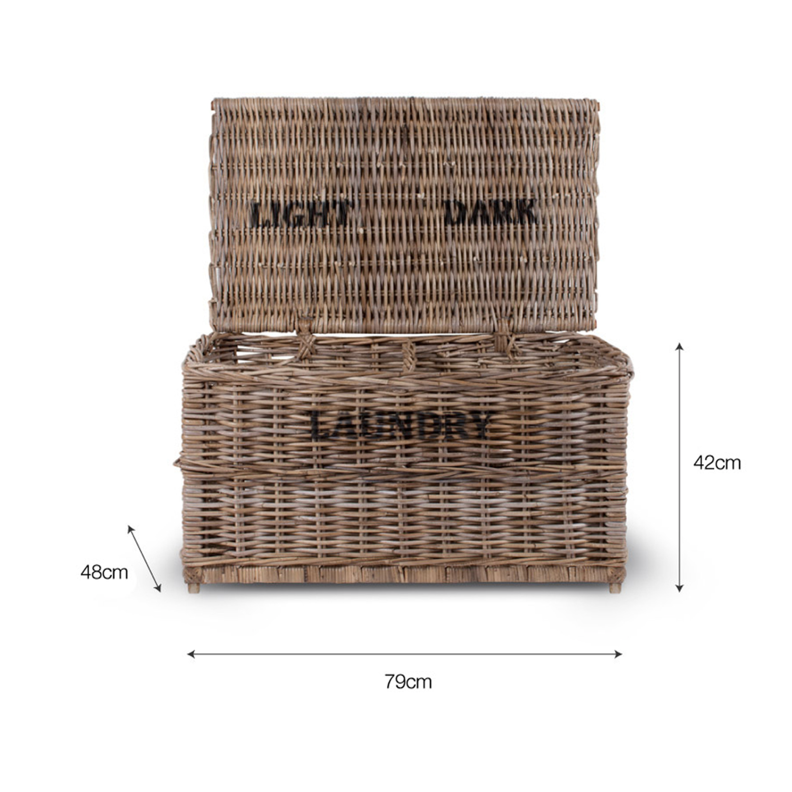 Rattan laundry basket with light and dark labels.