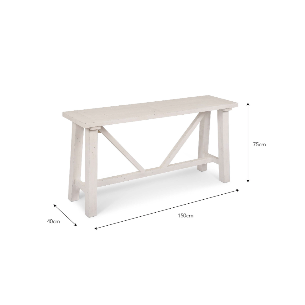 White Reclaimed Wooden Console Table with dimensions.