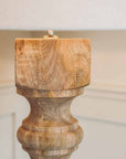 Close up of wooden lamp base with natural grain.