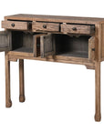 Reclaimed wooden console table with drawers and open cupboards.