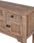 Close up of reclaimed wooden console table with drawers.