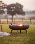 rustic metal fire pit in sunset field with cushions.