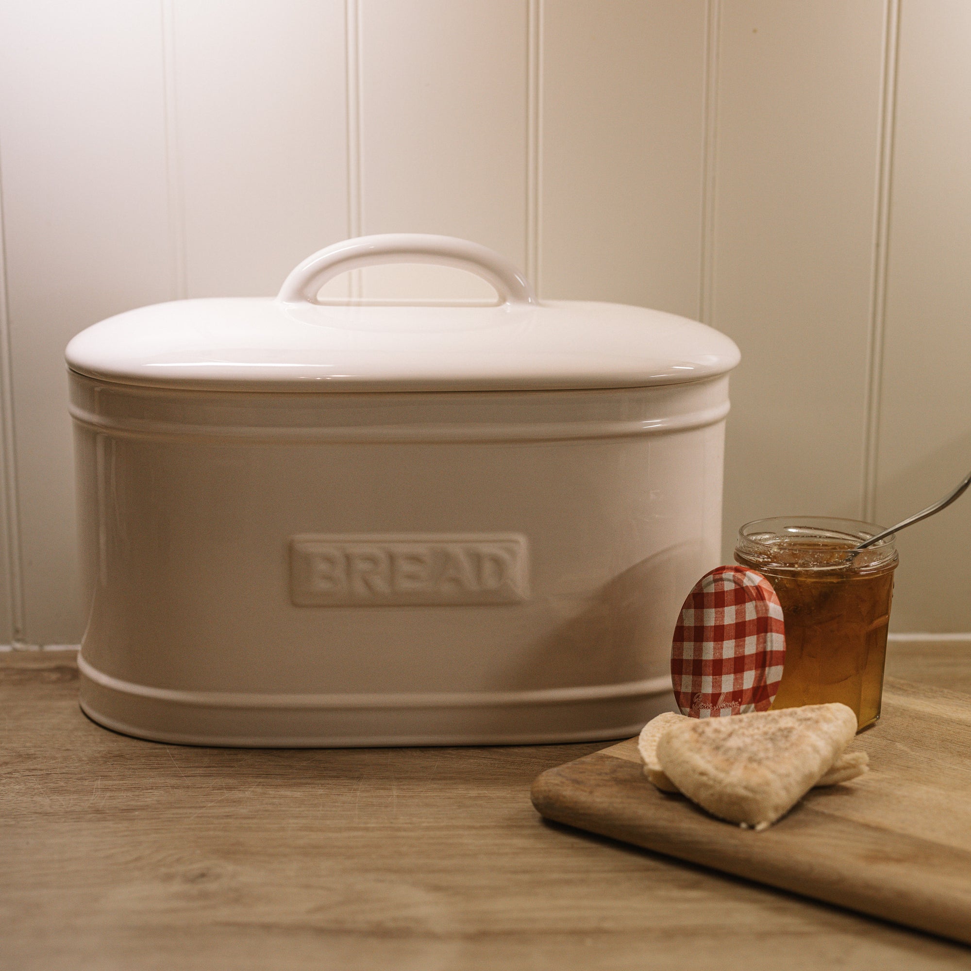 Rye Ceramic Bread Box with marmalade and bread.