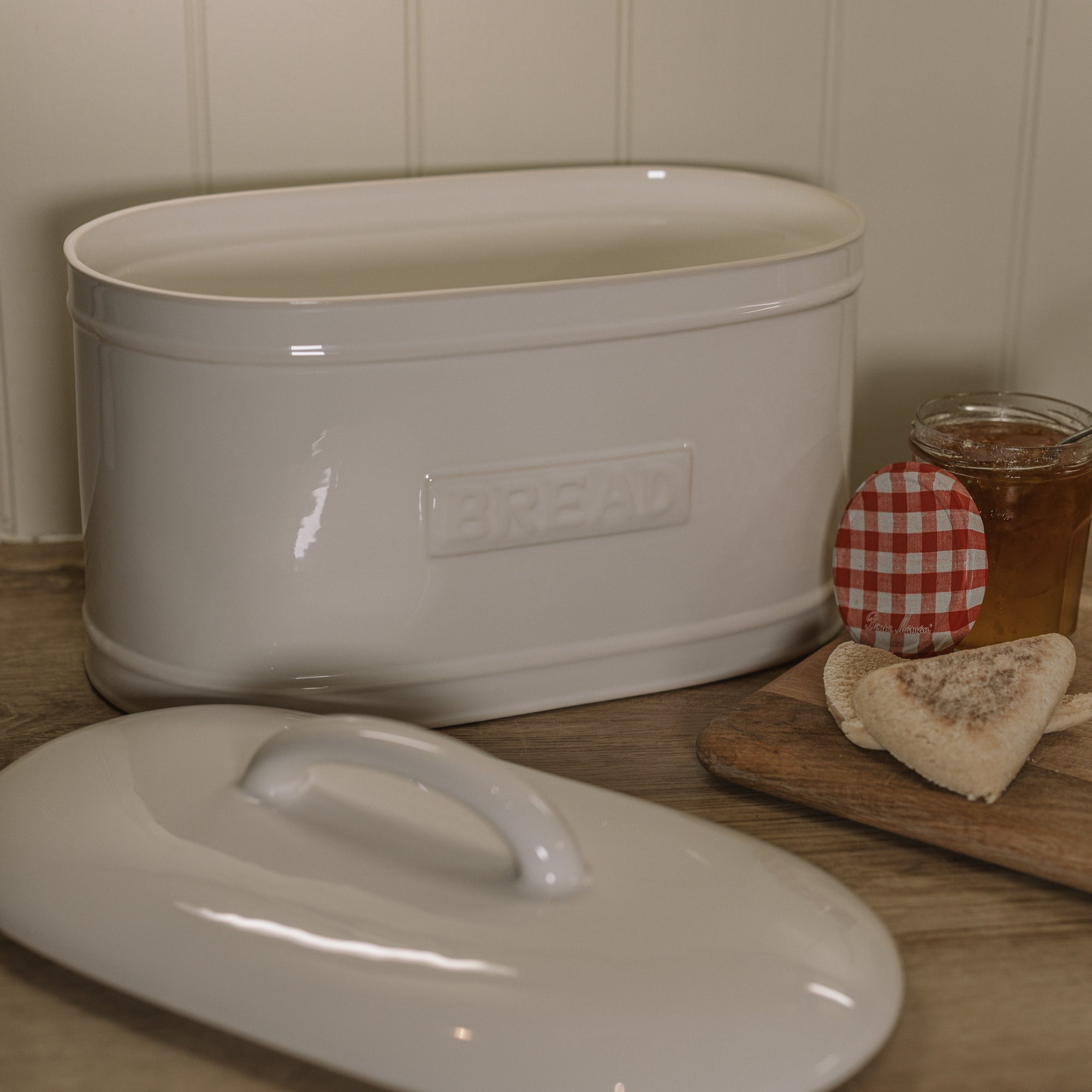 Rye Ceramic Bread Box with marmalade jar and bread.