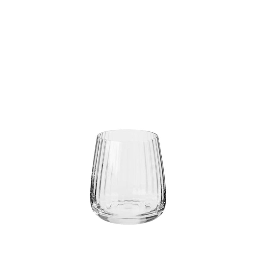 Short ribbed clear glass tumbler.