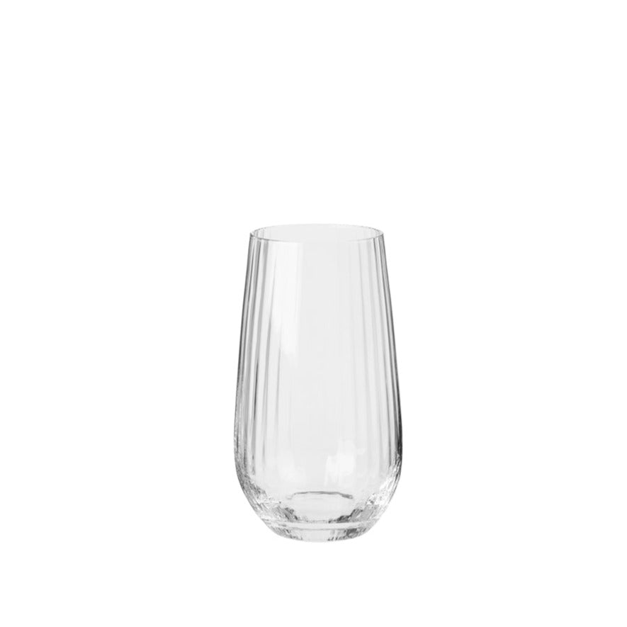 Tall ribbed clear tumbler.