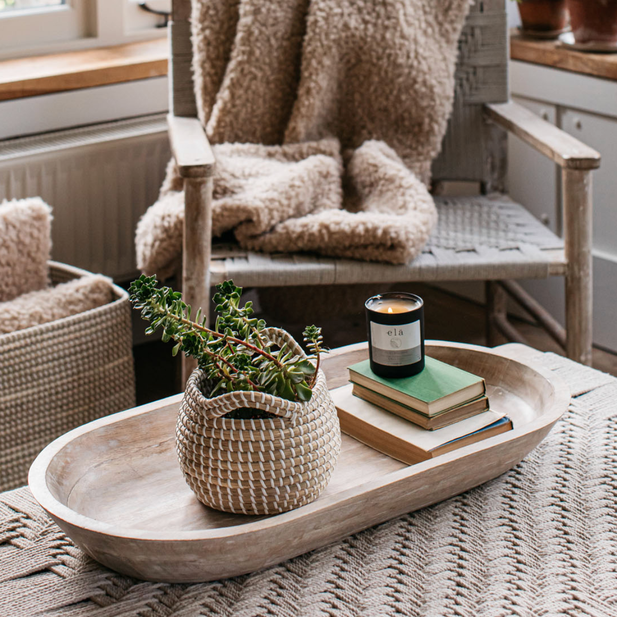 An oval mango wood tray with plant and books is positioned on a woven coffee table.