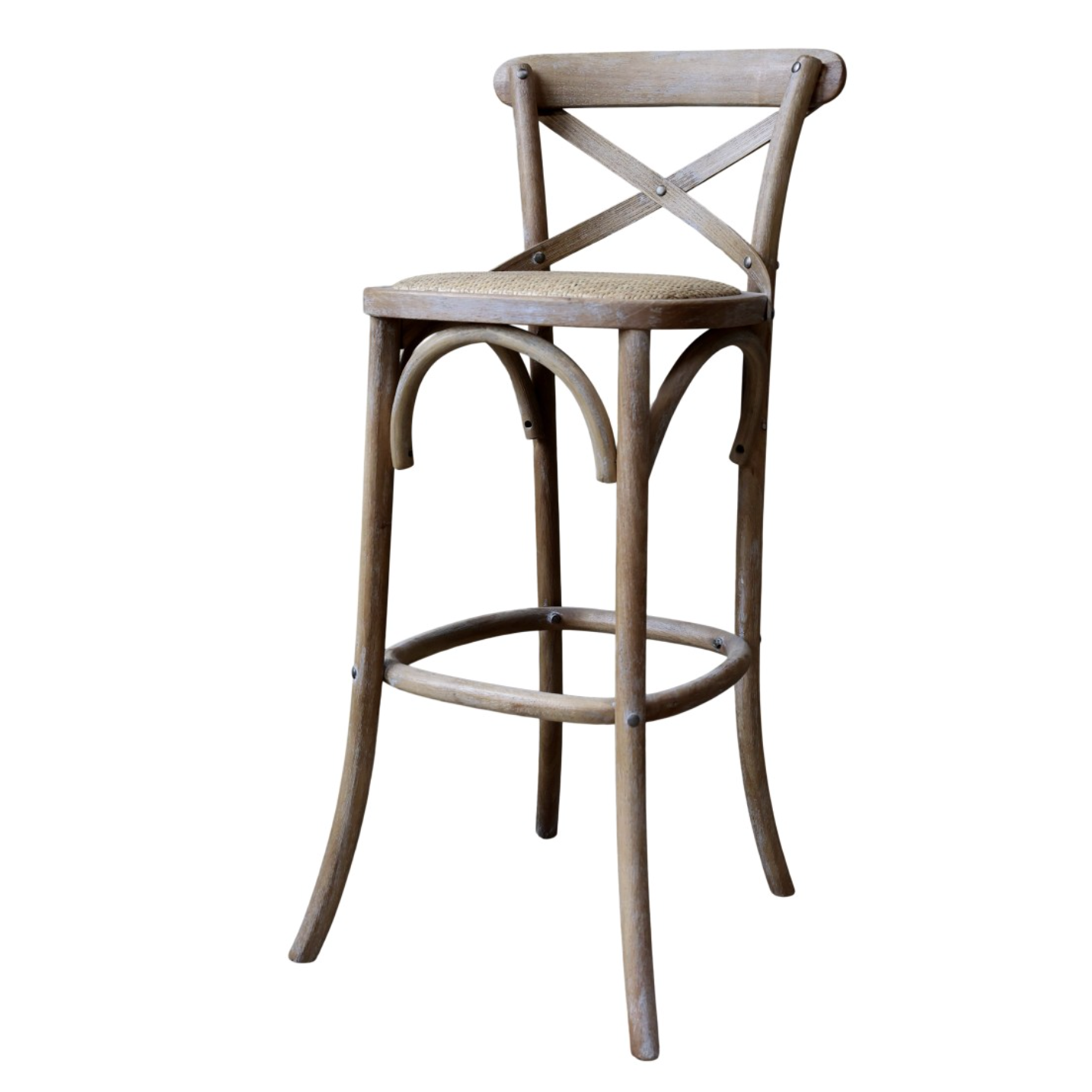 Wooden bar stool with wicker seat and white washed detail.