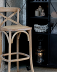 Wooden bar stool with cafe style back.