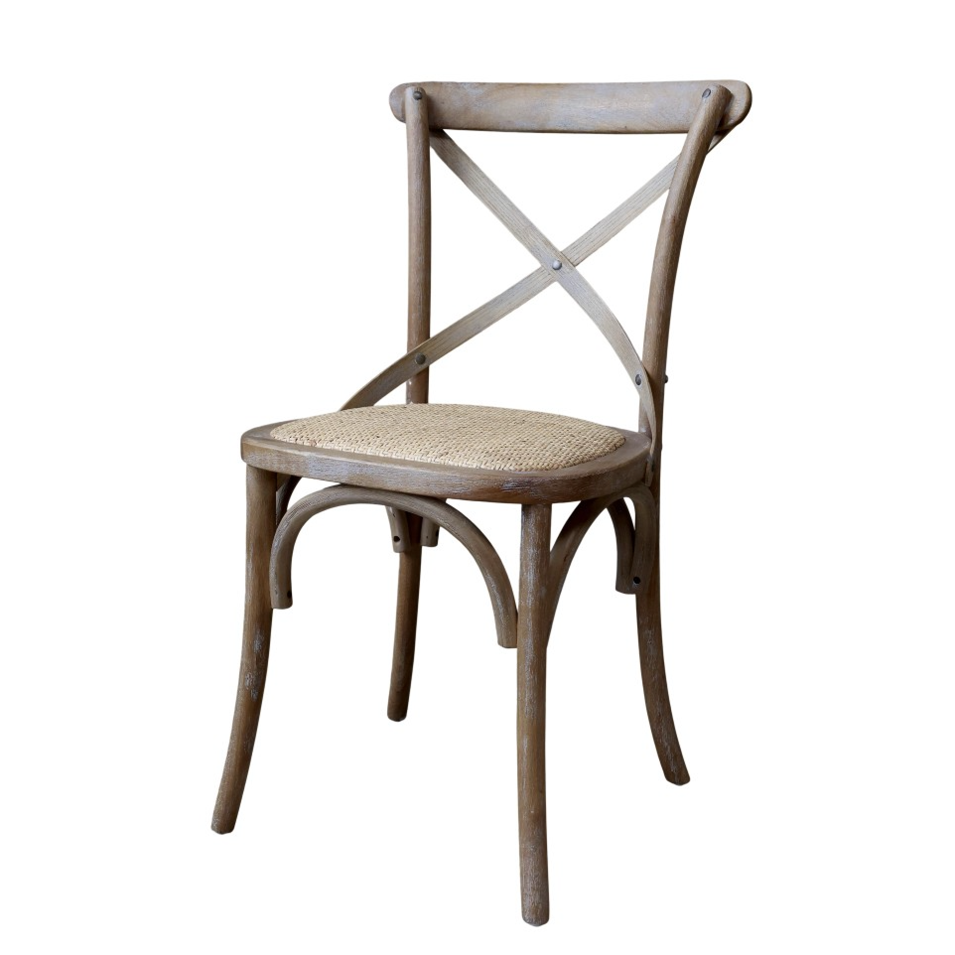 White washed wooden dining chair with wicker seat.
