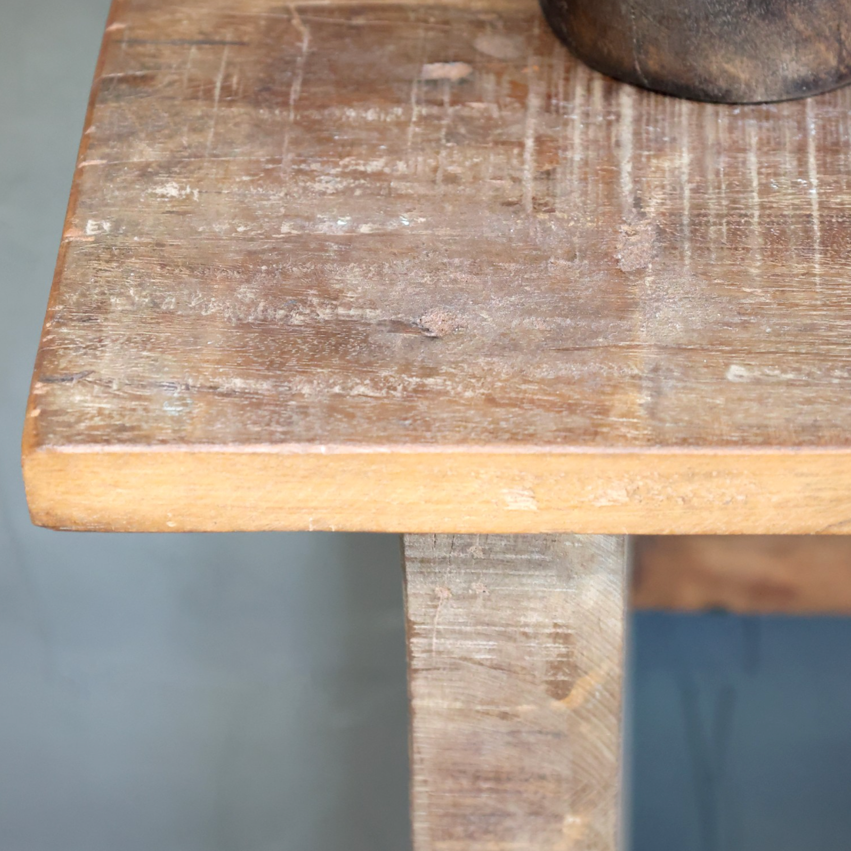 close up of reclaimed wooden console table.