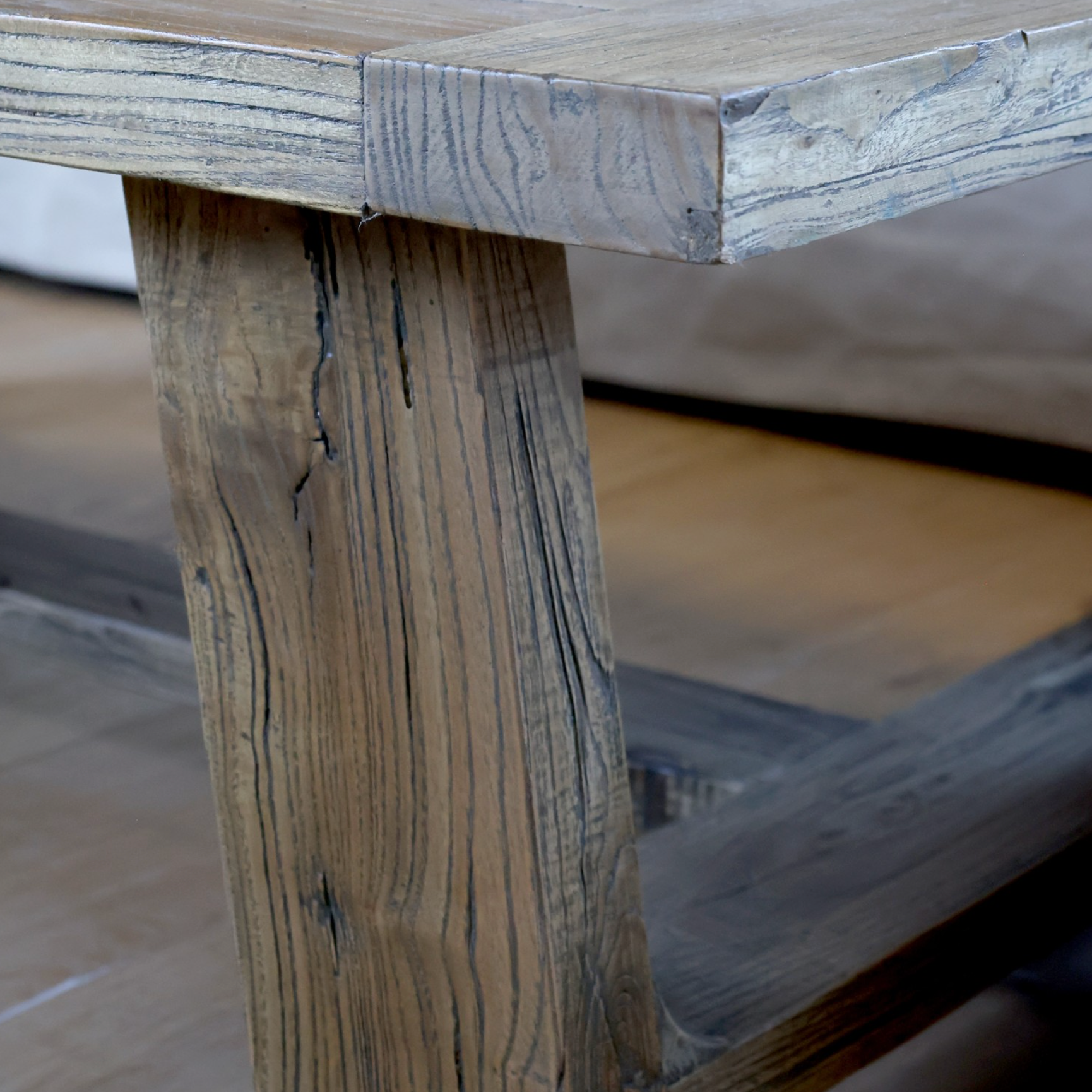 Rustic wooden coffee table leg. 