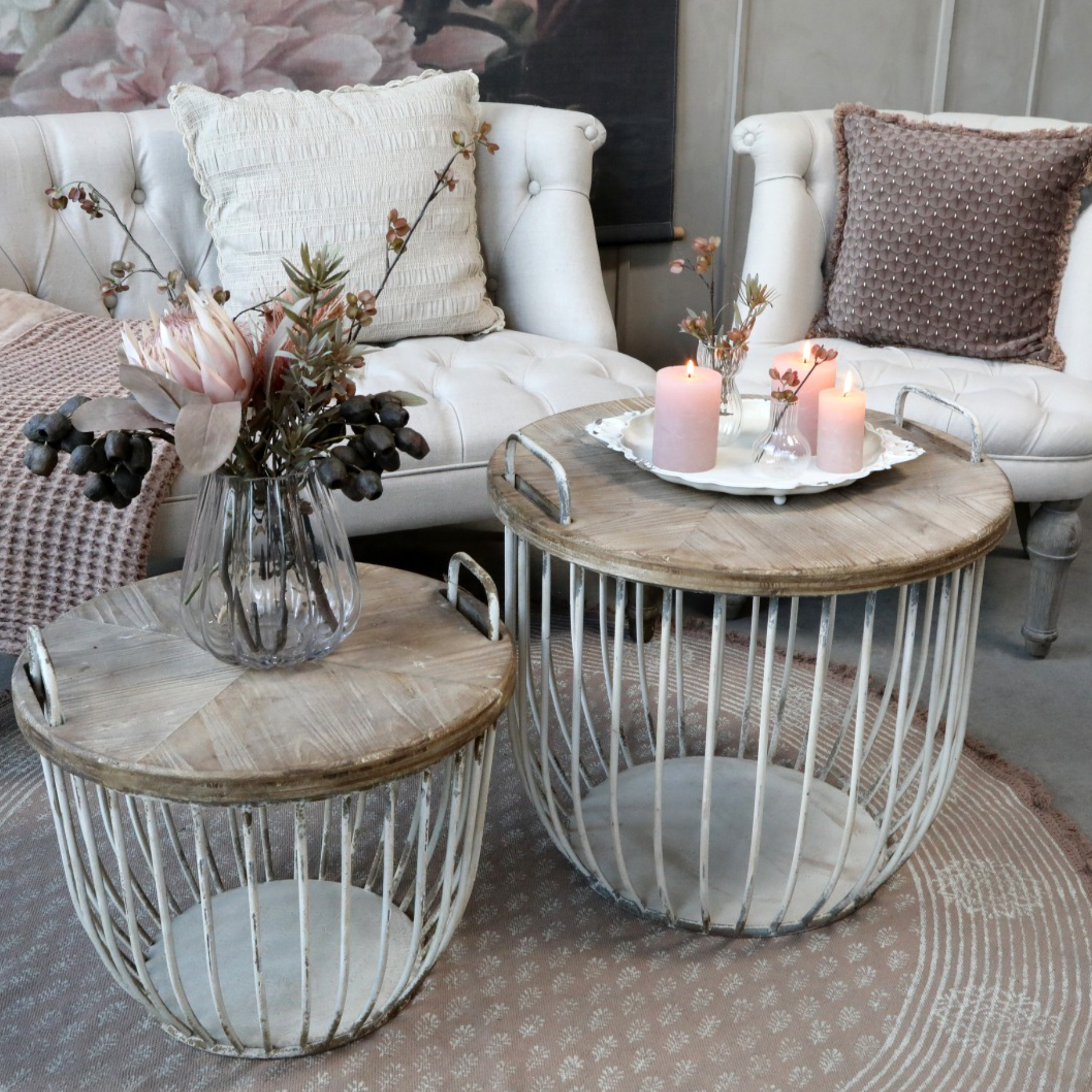 rustic coffee tables set with pink decor items,