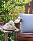 wooden outdoor armchair with cushion and came dome on side table.