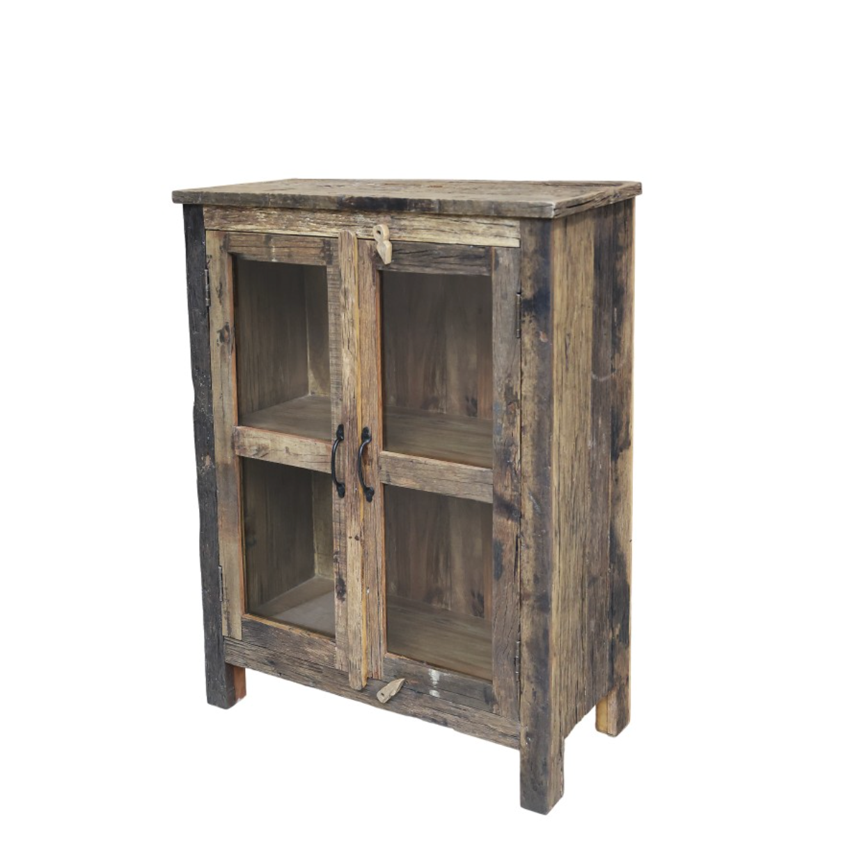 Reclaimed wooden cabinet with glass doors.