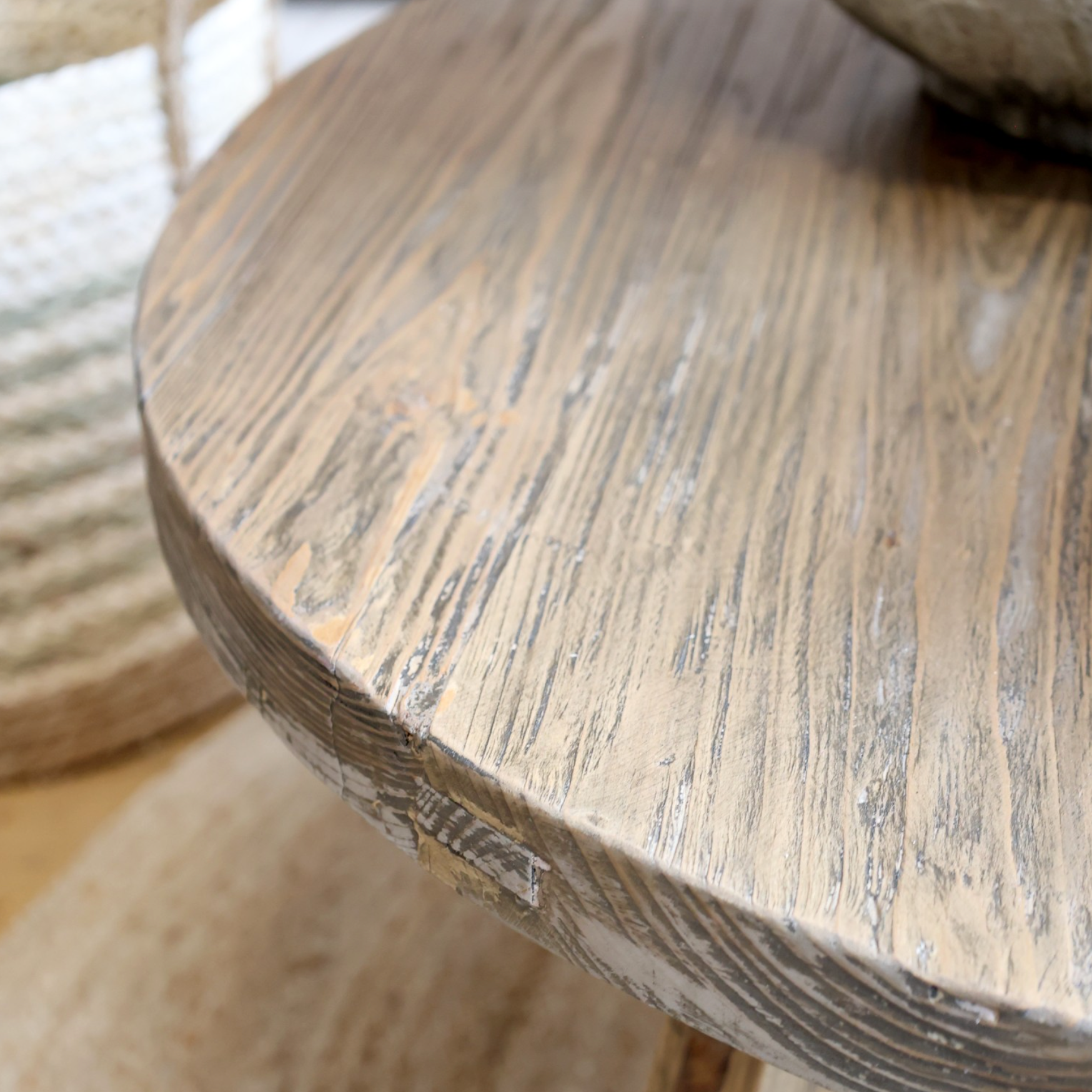 Round Wooden Coffee Table, close up.