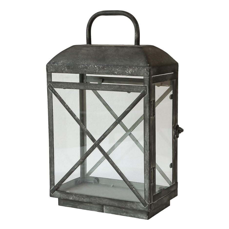 Antique Zinc &amp; Glass Lantern with criss cross detailing