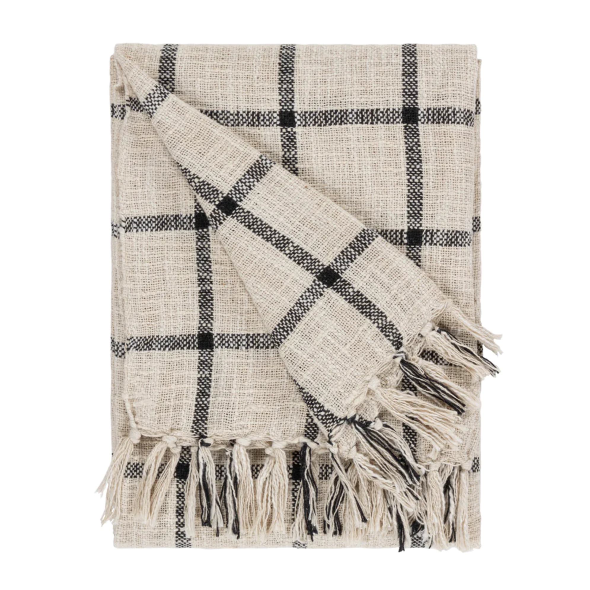 Checked Cotton Throw Blanket with tassels.
