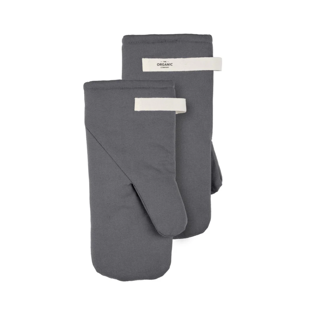 Dark grey oven gloves with white label.