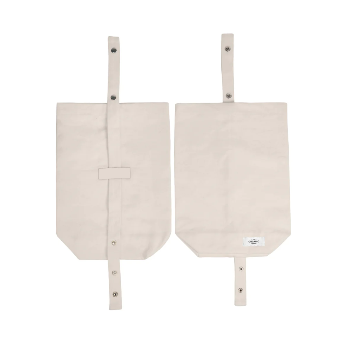 Front and back view of stone organic cotton lunch bags with straps.