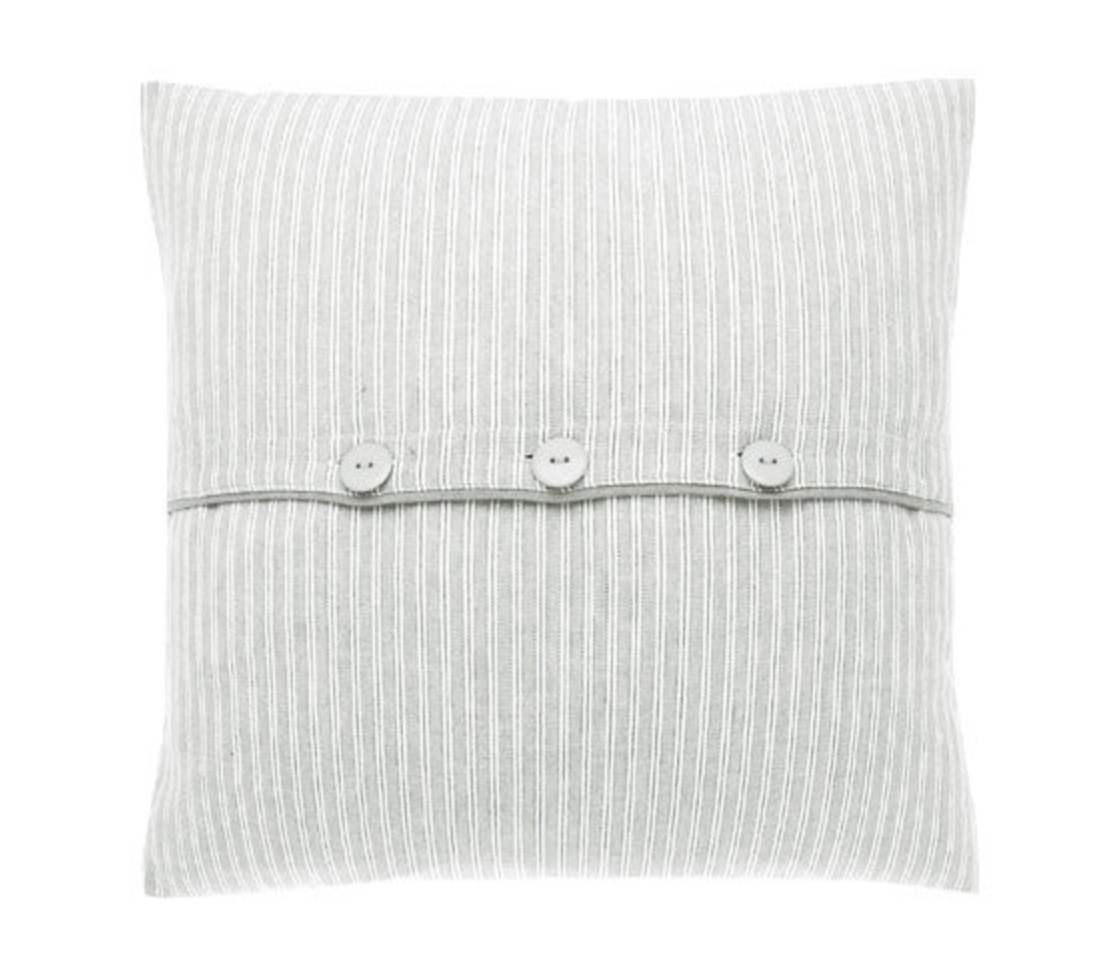 Grey striped cotton cushion with button detailing.