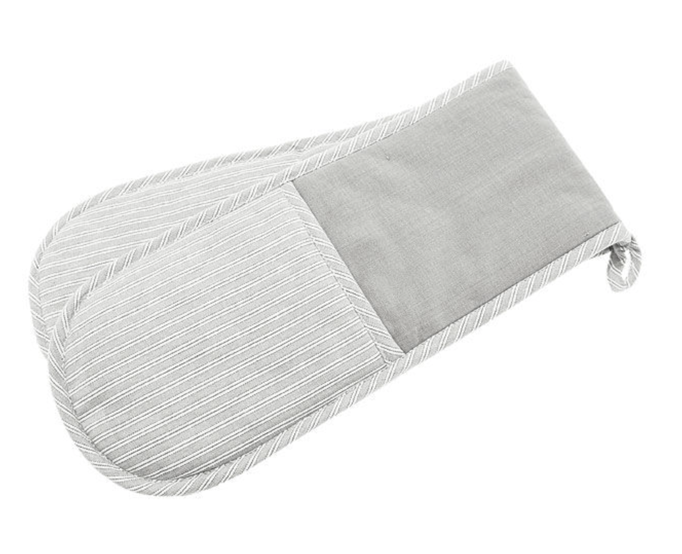 Grey striped oven gloves.