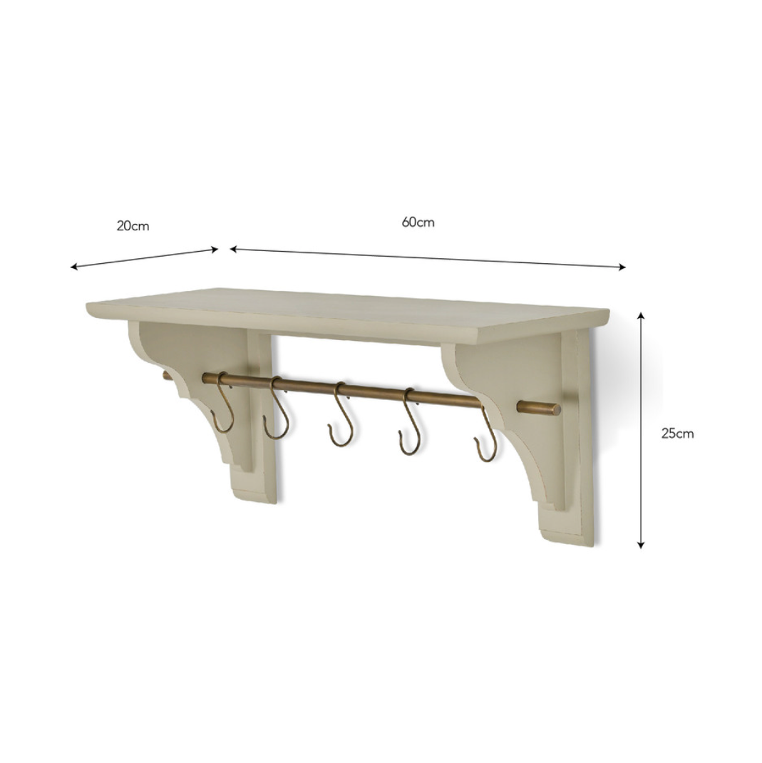 Clay coloured wooden shelf with brass shelf and hooks, with measurements on diagram.