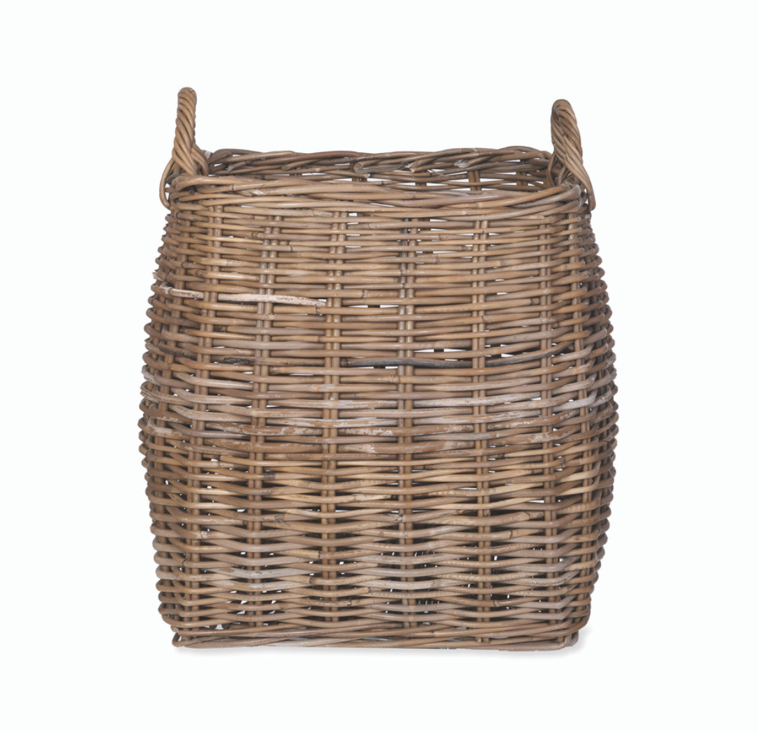 Tapered woven log basket with two handles.