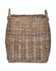 Tapered woven log basket with two handles.