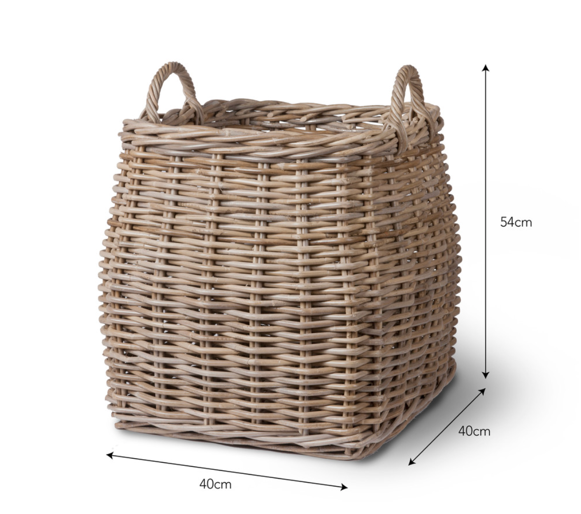 Tapered woven log basket with two handles, with measurements on product image.