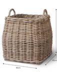 Tapered woven log basket with two handles, with measurements on product image.