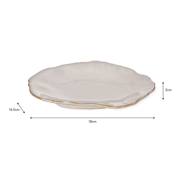 Organic white side plate product image with dimensions.