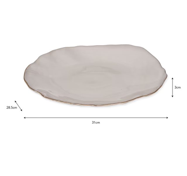 Organic white dinner plate product image with dimensions.