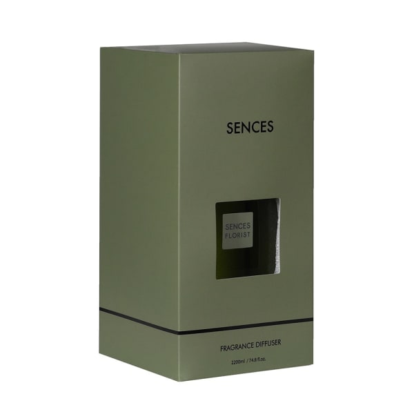 Green florist Sences reed diffuser with presentation box in presentation box.