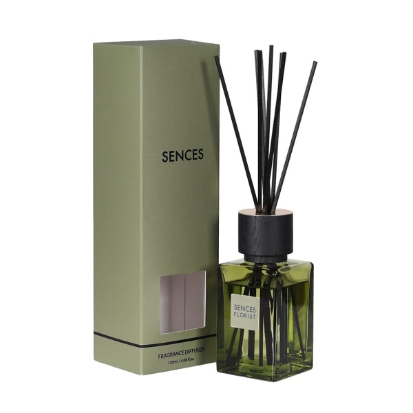 Green florist Sences mini reed diffuser with presentation box.