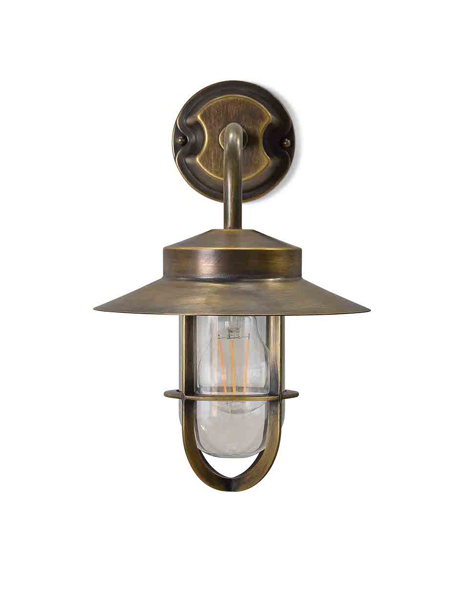 Antique brass outdoor wall light from front view.